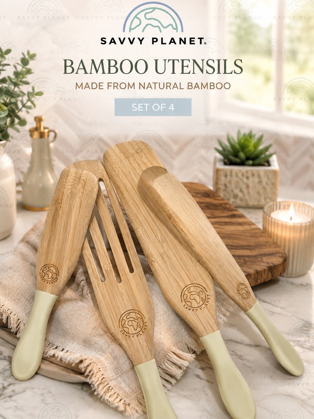Savvy Planet Bamboo Kitchen Utensils Set - Natural Bamboo with Cream Handles
